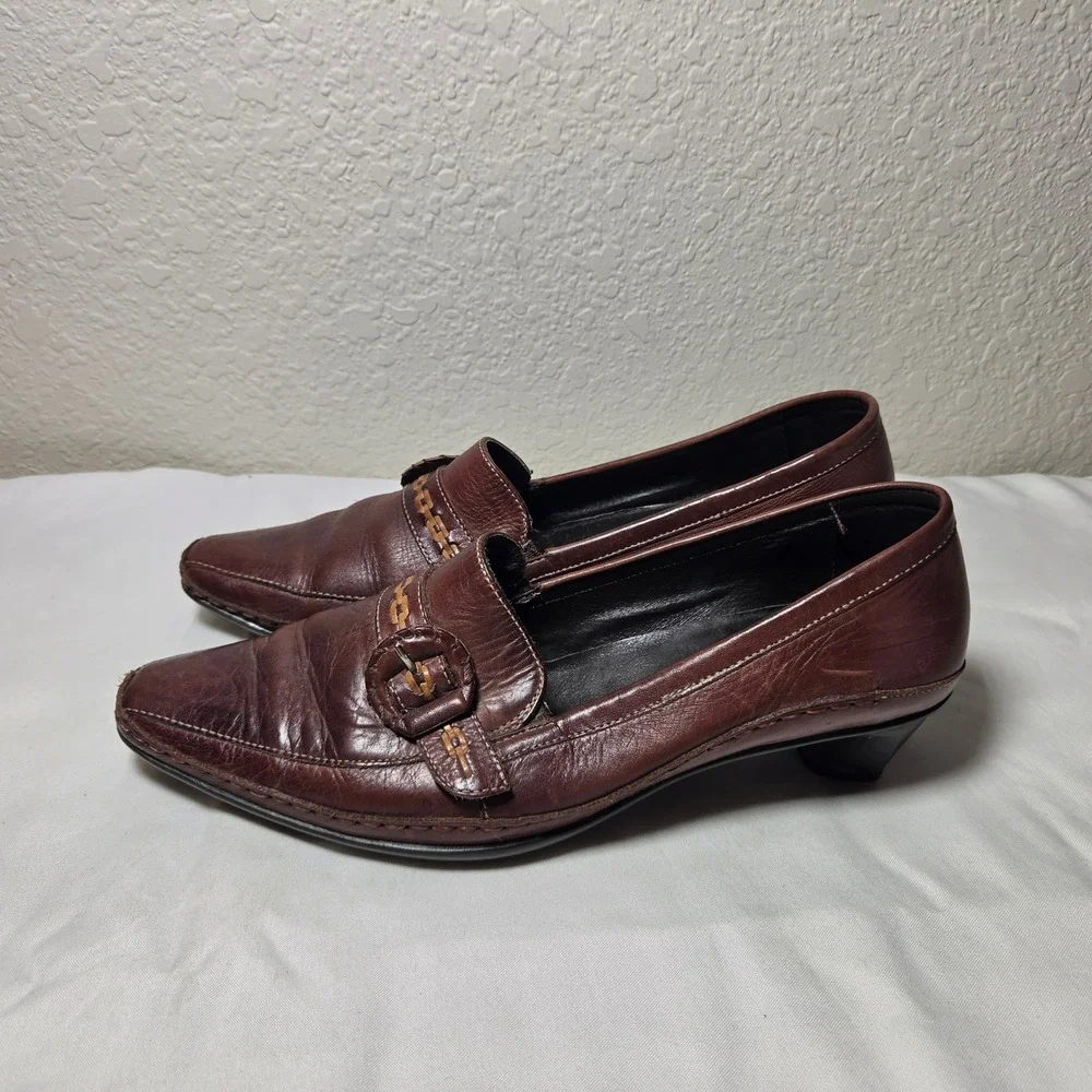 Pikolinos Brown Leather Buckle Woven Strap Kitten Heel Loafers Size 40